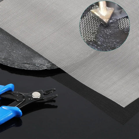 5 Pack Stainless Steel Welding Mesh For Thermoplastic Repairs Reinforcing Wire Screen with tools for precise cutting on black surface