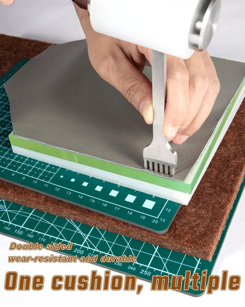 5 Piece Leather Punch Pad Set With A4 A5 Self Healing Cutting Mats, shown with a punch tool and layered pads