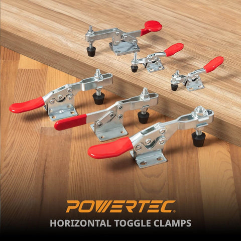 Two Pack Quick Release Toggle Clamp, 60 Lbs Holding Capacity, Horizontal Clamp Type 201A displayed on wooden surface