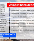 Compatibility list for Cadillac Escalade, Chevy Tahoe, GMC Yukon with OEM numbers on vehicle information background
