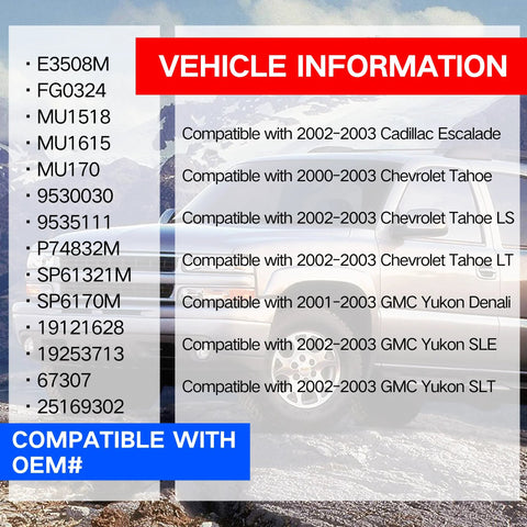 Compatibility list for Cadillac Escalade, Chevy Tahoe, GMC Yukon with OEM numbers on vehicle information background