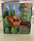 Illustration of kids playing in a treehouse with pulley system, related to Heavy Duty Pulley Bucket With Cable For Treehouse And Playset.