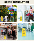 Heavy Duty Folding Wet Floor Signs, Set Of Twelve Double Sided Bilingual Safety Placards For Shop And Office Floors, Bold Yellow Warning Markers in various scenes.