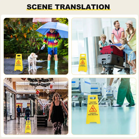 Heavy Duty Folding Wet Floor Signs, Set Of Twelve Double Sided Bilingual Safety Placards For Shop And Office Floors, Bold Yellow Warning Markers in various scenes.