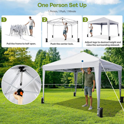 White 10x10 Pop Up Canopy With Sidewalls For Events And Camping Portable Instant Tent With Carry Bag Easy Setup Under 5 Minutes