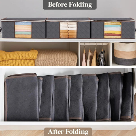 Three Pack 35L Foldable Storage Bins With Lids And Zippers, Clear Window, Reinforced Handles, before and after folding view