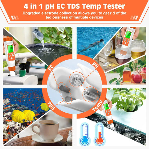 Image showcasing uses for the 4 In 1 Water Quality Meter With PH EC TDS And Temperature For Home Use Portable Tester, including aquariums and pools.