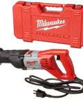 Badass Corded Reciprocating Saw With Quick Lock Tool Free Blade Swap And Variable Speed Trigger Rated 12 Amp Using Anti Vibration Tech For Knockout Demolition And No Fuss Day To Day Trade Work in red and black, with rugged carrying case.