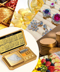 Pocket Digital Gram Scale 300g Capacity With 0.01g Precision Gold Scale displaying powder, surrounded by jewelry, coins, and fruit.