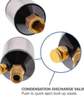 Mini inline air filter and oil and water separator, aluminum body with condensation discharge valve, close-up view.