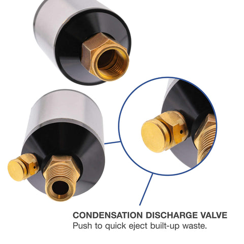 Mini inline air filter and oil and water separator, aluminum body with condensation discharge valve, close-up view.