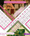 High-contrast pink quilting rulers from Rotary Cutter Set With 45mm And 28mm Fabric Cutters, 8 Replacement Blades, Self Healing Cutting Mat.
