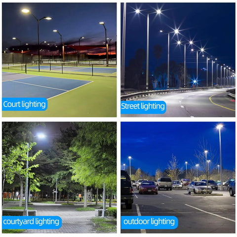Beast Bright 300W LED Parking Lot Lights With Photocell Slip Fitter illuminating various areas including court, street, courtyard, and parking lot.
