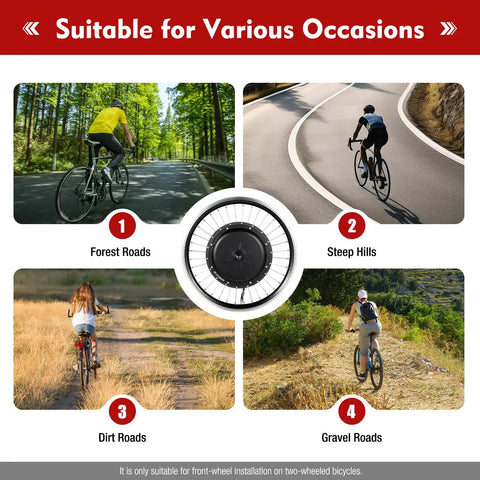 E-bike conversion kit with cyclists on forest, dirt, gravel roads, and steep hills showing versatility of 1000W 48V Front Wheel Hub Electric Bike Conversion Kit With LED Display Waterproof 20 Inch E Bike Hub Motor PAS System Controller And Thumb Throttle For Powerful Street Ready Build
