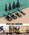 Top Notch Eight Piece Wood Plug Cutter Drill Bit Set Made From Tough Carbon Steel packs 1/4 3/8 1/2 And 5/8 Inch sizes on cutting mat.