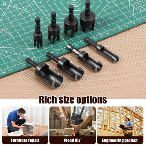 Top Notch Eight Piece Wood Plug Cutter Drill Bit Set Made From Tough Carbon Steel packs 1/4 3/8 1/2 And 5/8 Inch sizes on cutting mat.