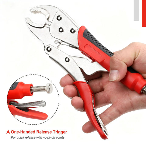 Locking Pliers Set Four-Piece With Heavy Duty Anti-Pinch Non-Slip Grip Curved Jaw Five Inch Seven Inch Ten Inch Plus Six And A Half Inch Long Nose Pliers Vise Grip Wrench Set For Versatile Quick Grips And Repetitive Use, shown with red handle in use.