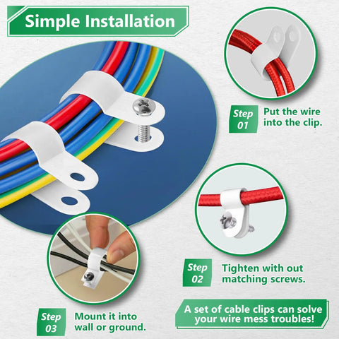Heavy Duty Nylon Cable Clips Set For Cable Management Six Sizes With 290 Pieces White R Type Cord Fasteners Screw Mount Kit