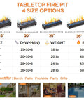 Tabletop Propane Fire Pit 50k BTU For Patio And Camping 36 Inch Long Fire Pit Table With size options and specifications chart.
