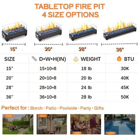 Tabletop Propane Fire Pit 50k BTU For Patio And Camping 36 Inch Long Fire Pit Table With size options and specifications chart.