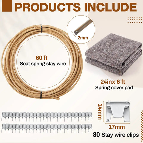 No Sweat Upholstery Spring Repair Kit For Couch Sofa Furniture Includes Sweet Twenty Four By Six Inch Spring Cover Pad Forty Foot Nine Gauge Paper Wrapped Wire And Eighty Clips For Quick Chair Rehab Fix showing 60 ft wire, 24x6 ft pad, and clips.