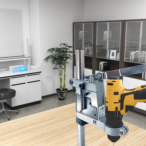 Adjustable Drill Press Stand For Hand Drill Universal Bench Clamp Aluminum Base Steel Column in home office setup.