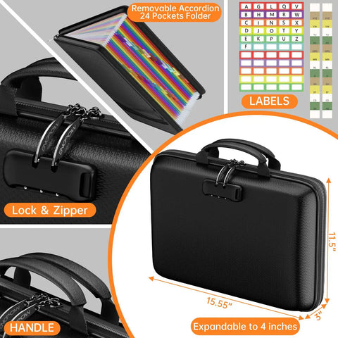 Lockable Fireproof Document Box With Water Resistant Hard Case And 25 Pocket Accordion File Organizer Portable Home Office Safe