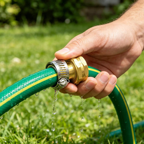 Solid Brass 2 Pack Hose Repair Kit With Stainless Steel Clamps Perfect For Fixing 1/2 Inch To 3/4 Inch Garden Hoses Leak Free Seal That Is Totally Sick For Sprinklers And Outdoor Watering Systems brass hose repair fitting on leaking green garden hose