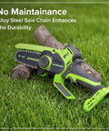 Compact 24V Brushless Mini Chainsaw Electric Pruning Saw For Tree Branch Trimming Pretty Neat Cordless Garden Cutter With Wrap Handle on grass next to logs.