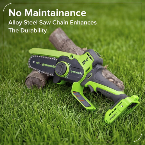 Compact 24V Brushless Mini Chainsaw Electric Pruning Saw For Tree Branch Trimming Pretty Neat Cordless Garden Cutter With Wrap Handle on grass next to logs.