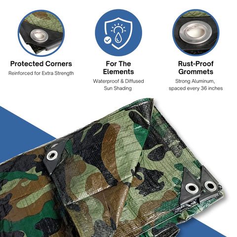 Camouflage 19 Foot By 29 Foot 4 Inch 7 Mil Poly Tarp Built Tough All Purpose Waterproof Cover with protected corners and rust-proof grommets