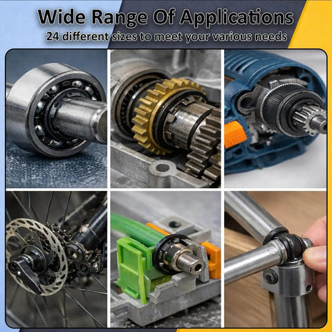 Collage of mechanical applications using 850 Pieces C Clip And E Clip Retaining Rings Set With Snap Ring Pliers And Tweezers In 24 Sizes Stainless Steel 304 For Auto Repair Machinery And DIY Projects Ideal For Quick Fixes