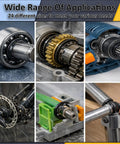 Collage showing uses of 850 Piece C Clip And E Clip Retaining Ring Kit With 24 Sizes From M2 To M16 Carbon Steel for auto repairs.