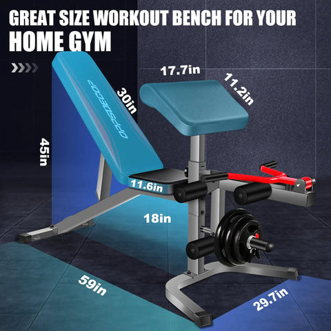 Adjustable Weight Bench Set With Leg Extension And Leg Curl, 900 Lbs Capacity, dimensions displayed, home gym setup.