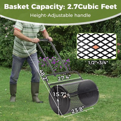 24 Inch Lawn Roller And Compost Spreader With Double Side Latches And Steel Mesh Basket For Top Dressing And Seedling Versatile Lawn Care Tool For Garden Farm Or Park Black Finish in use on grass.