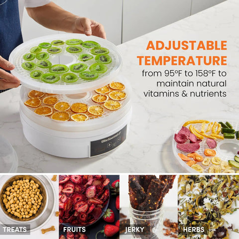 Total Game Changer Digital Food Dehydrator With Five Roomy Trays Variable Heat Controls And An Easy Forty Eight Hour Timer So You Can Turn Out Crispy Snacks Smooth Jerky And Dried Herbs Daily with dried fruits on trays.