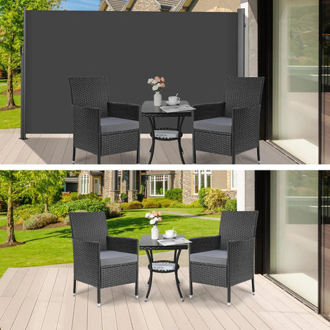 Side Awning 118 By 71 Inches Retractable Privacy Screen For Patio Backyard Garden Balcony And Courtyard UV Resistant Waterproof Dark Gray Wind Resistant Fabric For Outdoor Use on patio with chairs and table