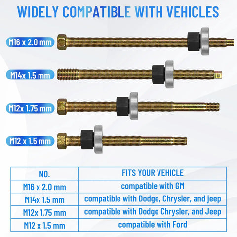 Long Reach Crank Pulley Installation Tool Set for Harmonic Balancer and Underdrive Dampers showing 4 adapters and compatibility chart