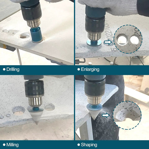 Diamond Drill Bits Set With Triangle Shank For Porcelain Tile Ceramic Marble Brick, 9-Piece Kit in drilling and shaping action