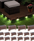 Heavy Duty Solar Deck Lights Outdoor 16 Pack Waterproof LED Step Lights For Stairs Fence Steps And Patio Railings To Keep Your Yard Straight Up Slick And Secure With Zero Sweat After Dark Cool White on a patio.