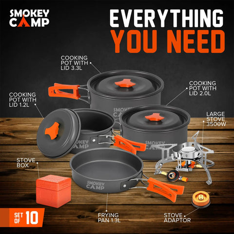 All-In-One Camping Cookware Set With Stove And Adapter, 10-Piece Backpacking Mess Kit with pots, pan, stove, and adapter