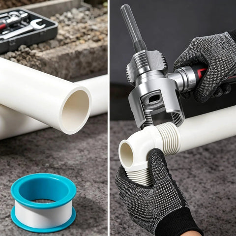 Heavy Duty 4 In 1 Pvc Pipe Threader For 1/2 3/4 And 1 Inch Plastic Tubing shown threading PVC pipes.