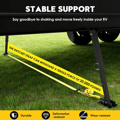 Heavy-Duty I-Beam Mount Stabilizer for RVs and Trailers, shown in use with yellow ratchet strap on grass for stability