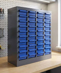Front view of 40-Drawer Bolt Bin Organizer Cabinet with ABS drawers in a workshop setting, showing heavy-duty metal storage for nuts, bolts, screws.