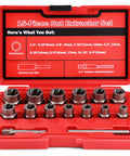 15 Piece Bolt Extractor Set for Three Eighths Inch Drive Beast Mode Nut and Bolt Remover Kit in red case with labeled sizes