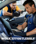 TitanFlex black nitrile disposable gloves, XL, 6-mil worn by mechanic at laptop in auto shop