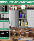 Heavy Duty 10 Piece Steel Garage Cabinet System With Workbench All In One Modular Garage Storage Set for Ultimate Workshop Organization featuring an installed wall cabinet with adjustable shelves and secure cabinet lock.