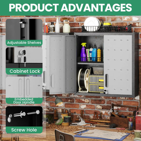 Heavy Duty 10 Piece Steel Garage Cabinet System With Workbench All In One Modular Garage Storage Set for Ultimate Workshop Organization featuring an installed wall cabinet with adjustable shelves and secure cabinet lock.