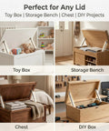 Four images of a toy box, storage bench, chest, and DIY box with Beefy Heavy Duty Lid Support Hinge with Soft Close for safe lids.