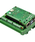 DIN Rail Mount Screw Terminal Block Adapter Module for Raspberry Pi with green PCB and screw terminals installed